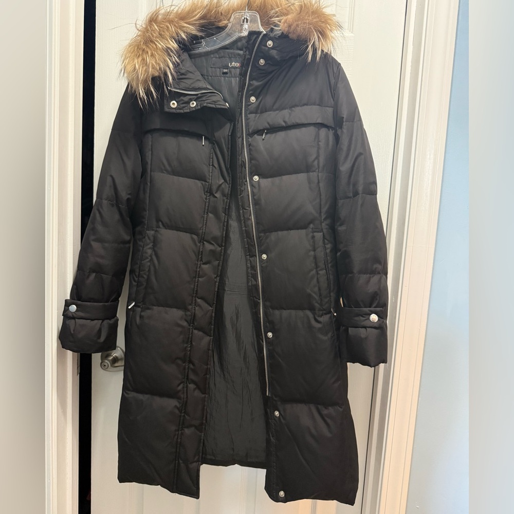 Utex Black Puffer Coat with Faux Fur Hood